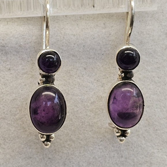 925 Sterling Silver Amethyst Drop Earrings Vintage - Picture 4 of 14
